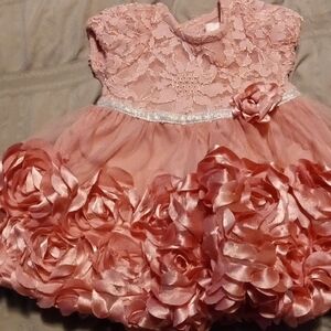 Source Unknown Pink Lace and Rose Appliqué Party Dress